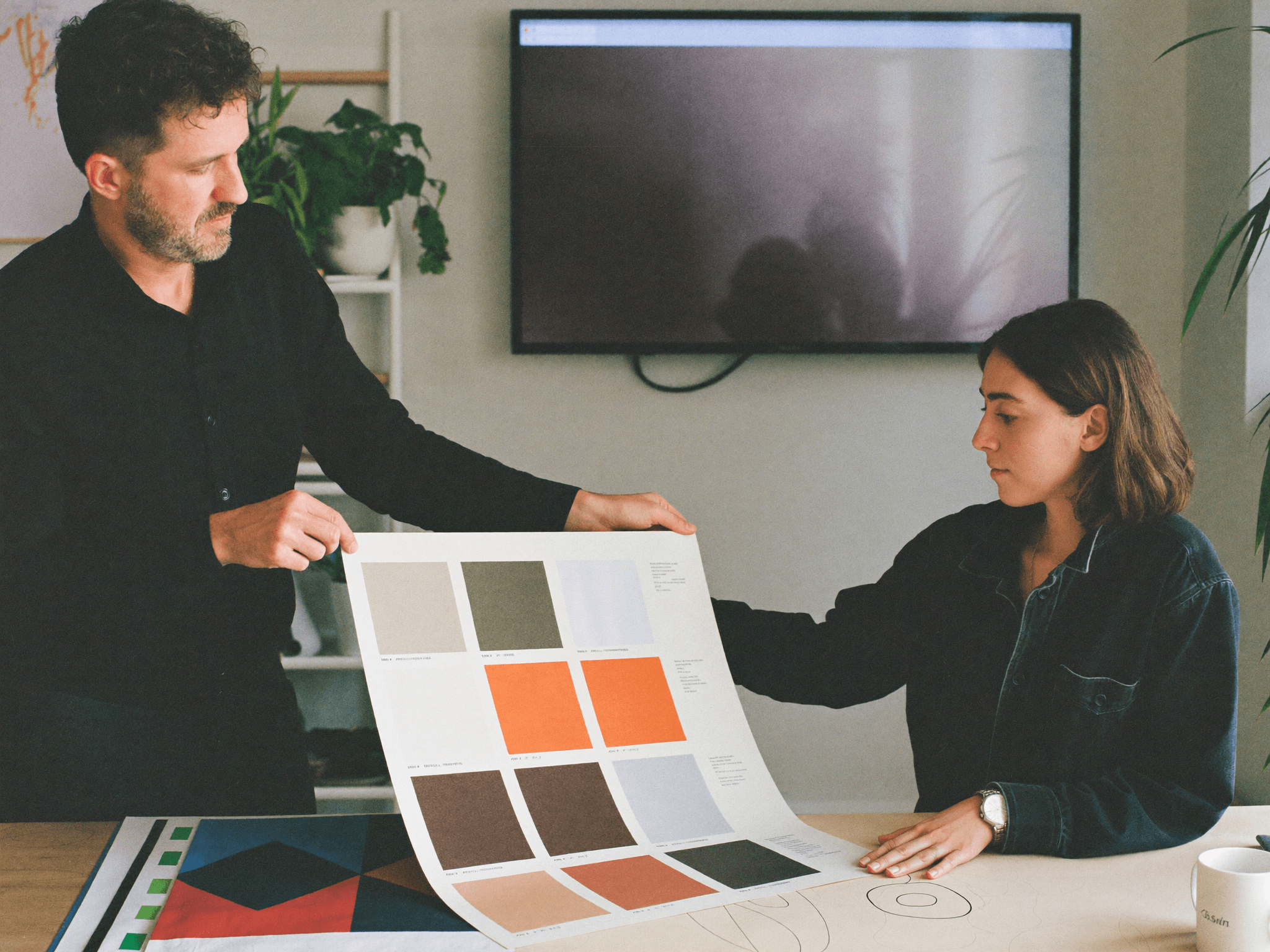 Equipo de QTV revisando una paleta de colores para un proyecto de branding